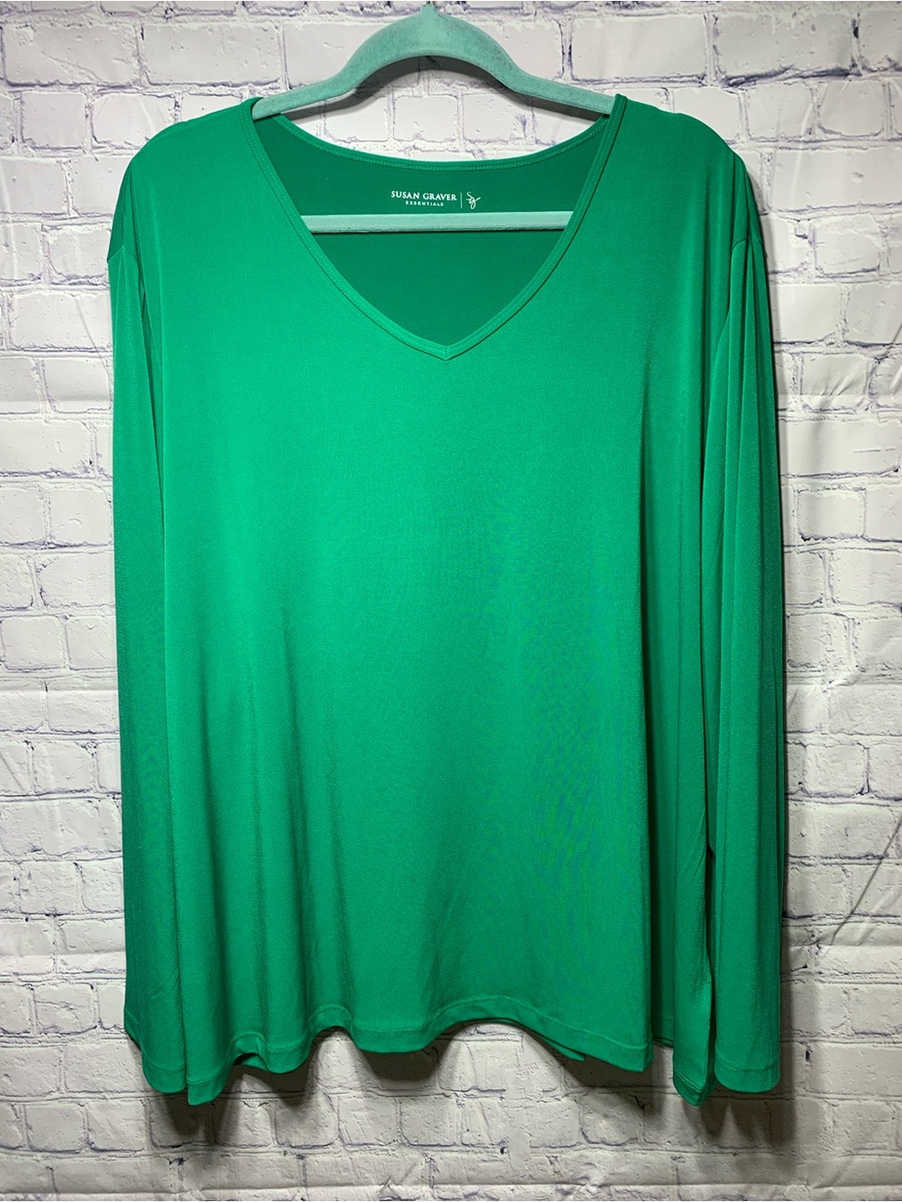 Susan Graver Womens Liquid Knit V-Neck Long Sleeve Top Green Sz 3X Stretch